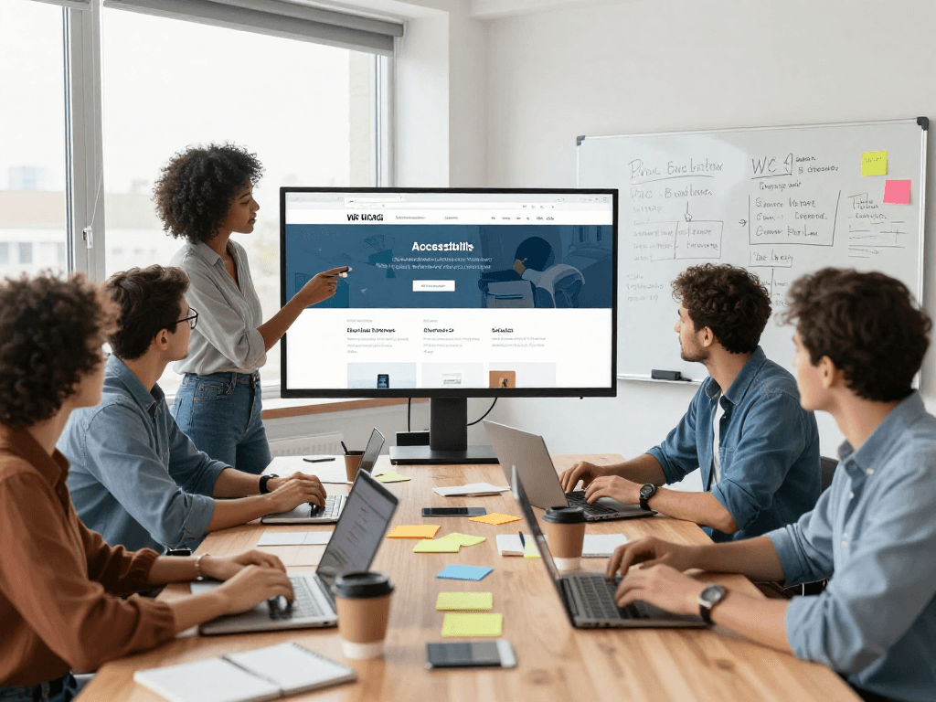 Professionelles Team arbeitet an barrierefreien und rechtssicheren Webseiten Dienstleistungen in modernem Büro.