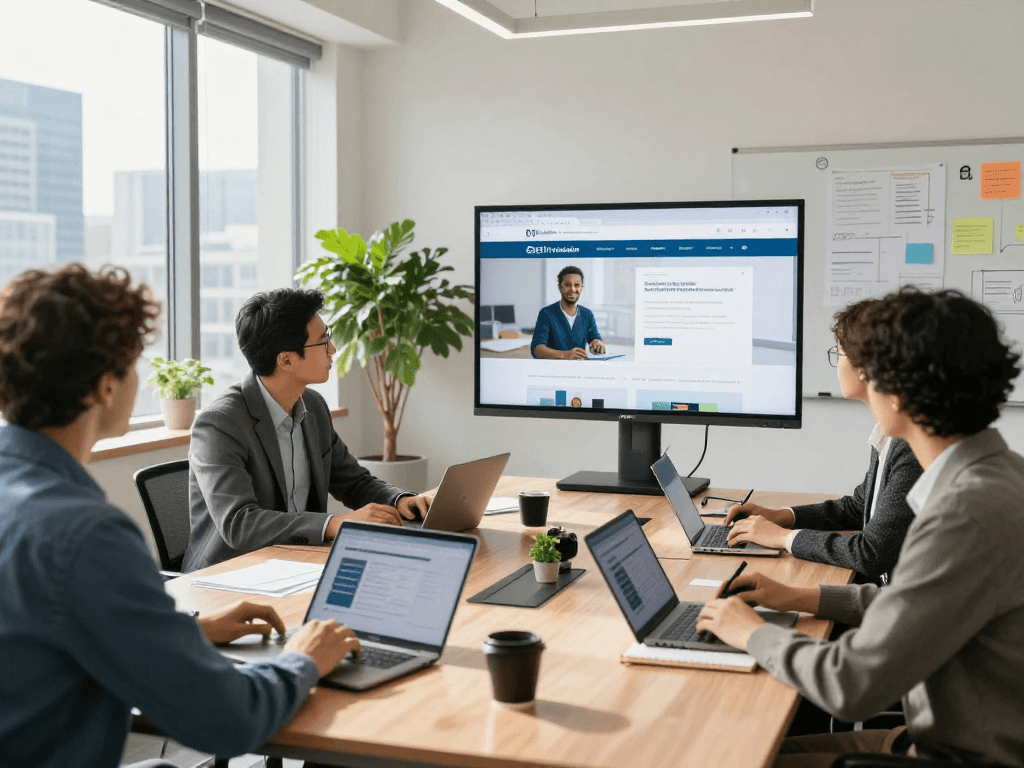 Team collaborating on Barrierefreie und rechtssichere Webseiten Dienstleistung in modern office.