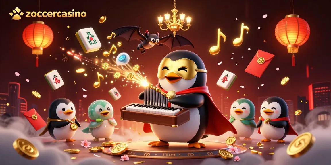 ZoccerCasino's dynamic illustration depicts a 3D penguin and bat acrobat amidst vibrant casino elements.