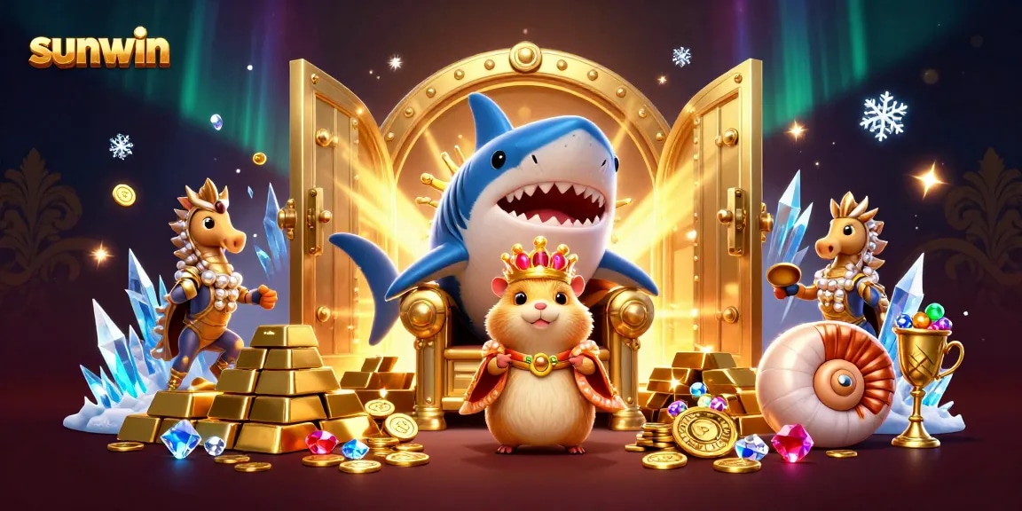 Experience thrilling gameplay at sunwin with a vibrant 3D casino scene showcasing a golden hamster king and treasure.