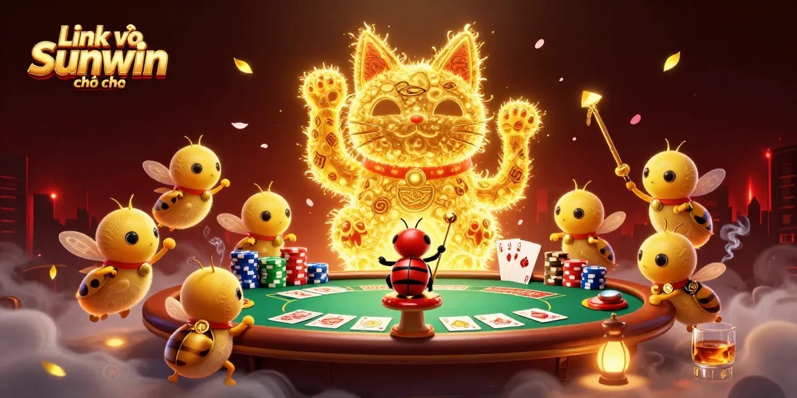 Engage with Link vào Sunwin chính thức as golden fireflies create a lucky cat amidst vibrant casino elements.