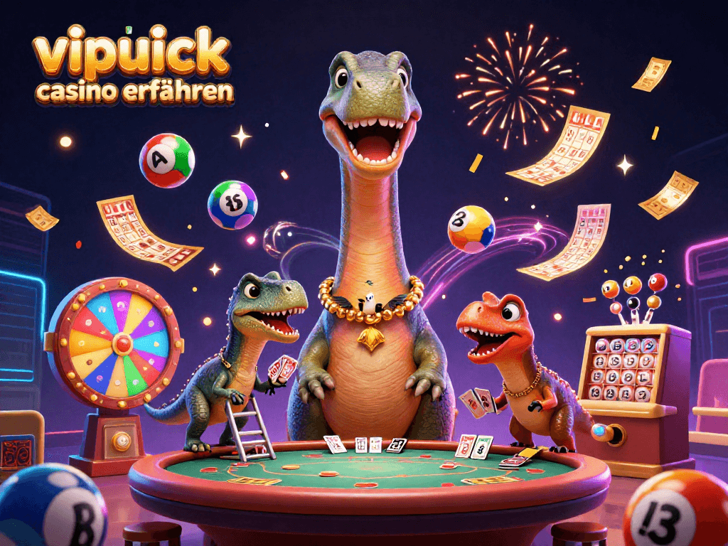 Erleben Sie die VIPLuck Casino Erfahrungen mit einem fröhlichen Brontosaurus und einem cleveren Raptor im Casino.