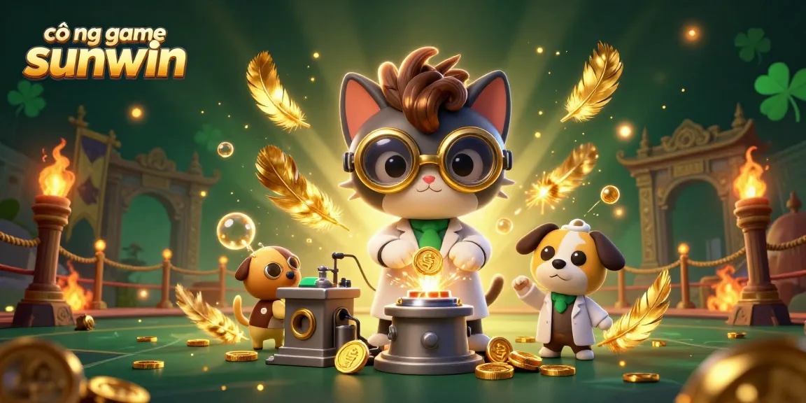 Engage in cổng game sunwin with a lively 3D illustration of a mad scientist cat and dog in a dynamic casino setting.