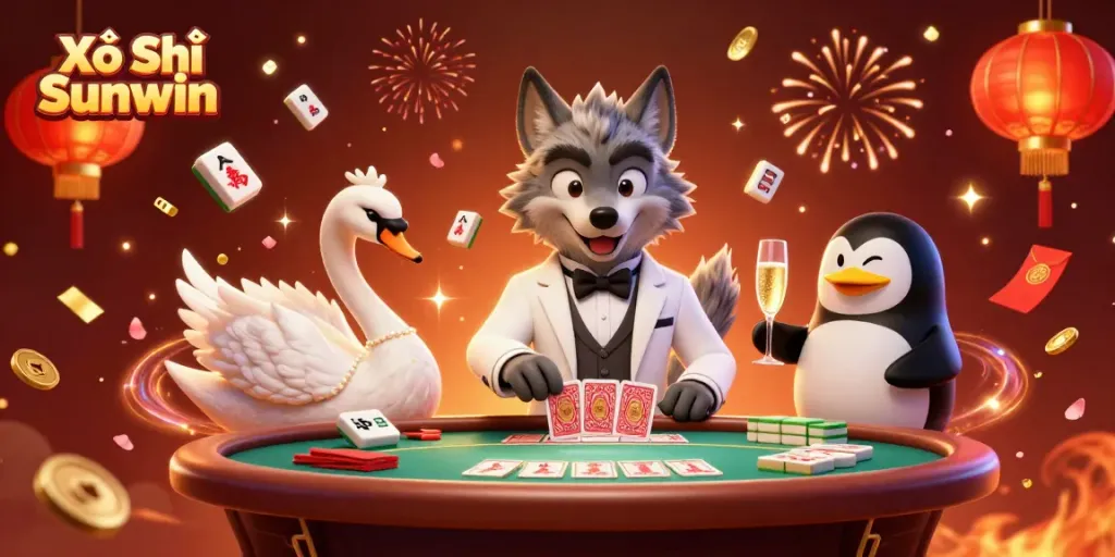 Experience the excitement of Xổ Số Sunwin with a lively casino scene featuring a debonair wolf, elegant swan, and sophisticated penguin.