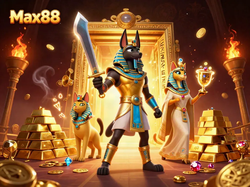 Max88 features a dynamic scene with the legendary Anubis and Bastet surrounded by riches, illustrating thrilling online gambling.