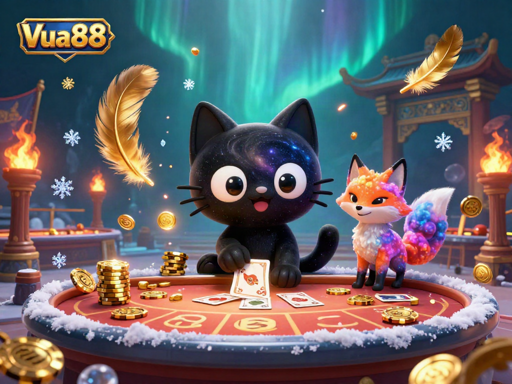 Experience the thrilling cosmic vibe of Vua88 with the black hole cat drawing in casino chips and cards.