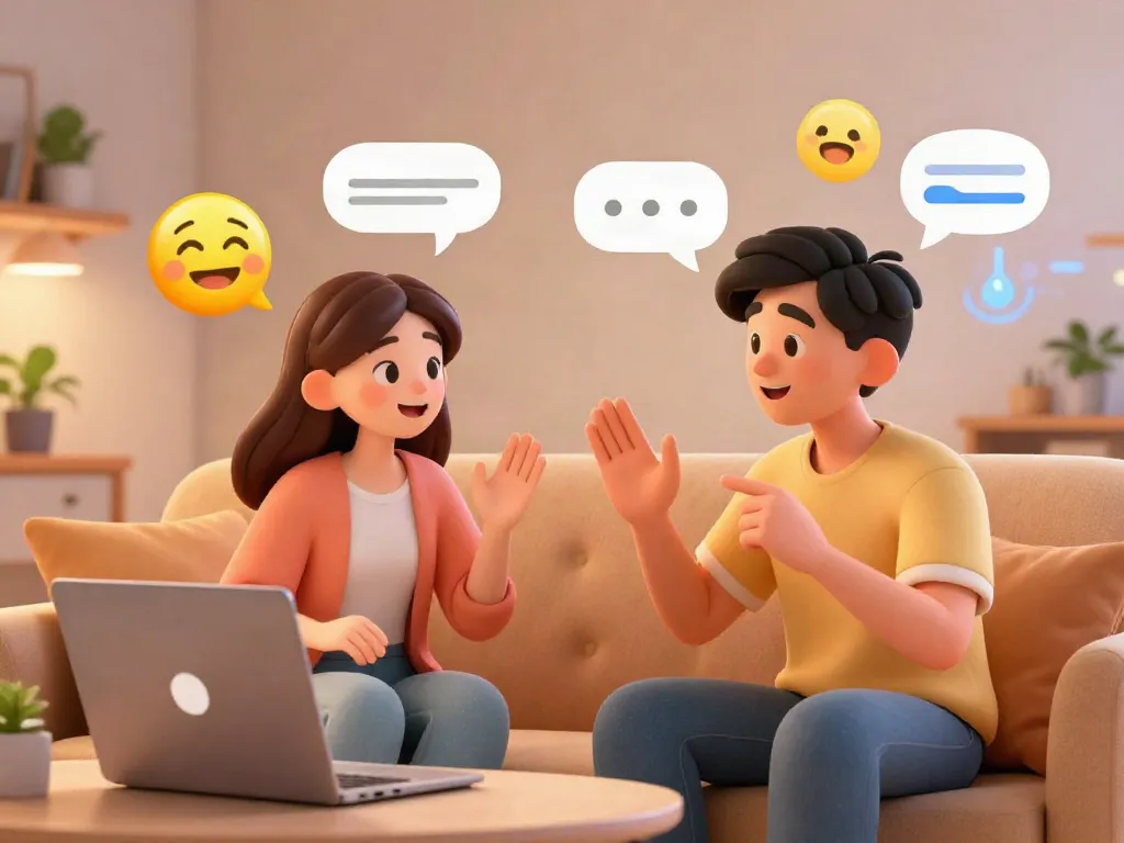 Interactive free AI sex chat with animated characters in cozy virtual setting.