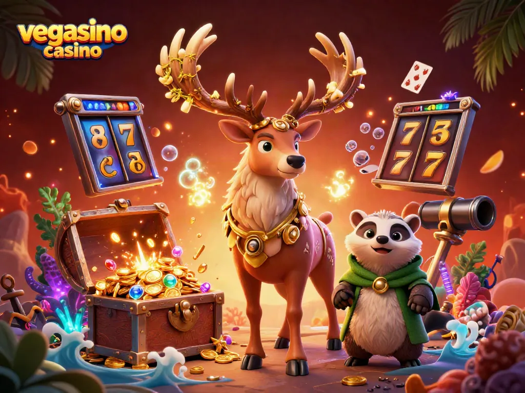 Experience vegasino casino with vibrant characters and slot themes in this immersive 3D scene.