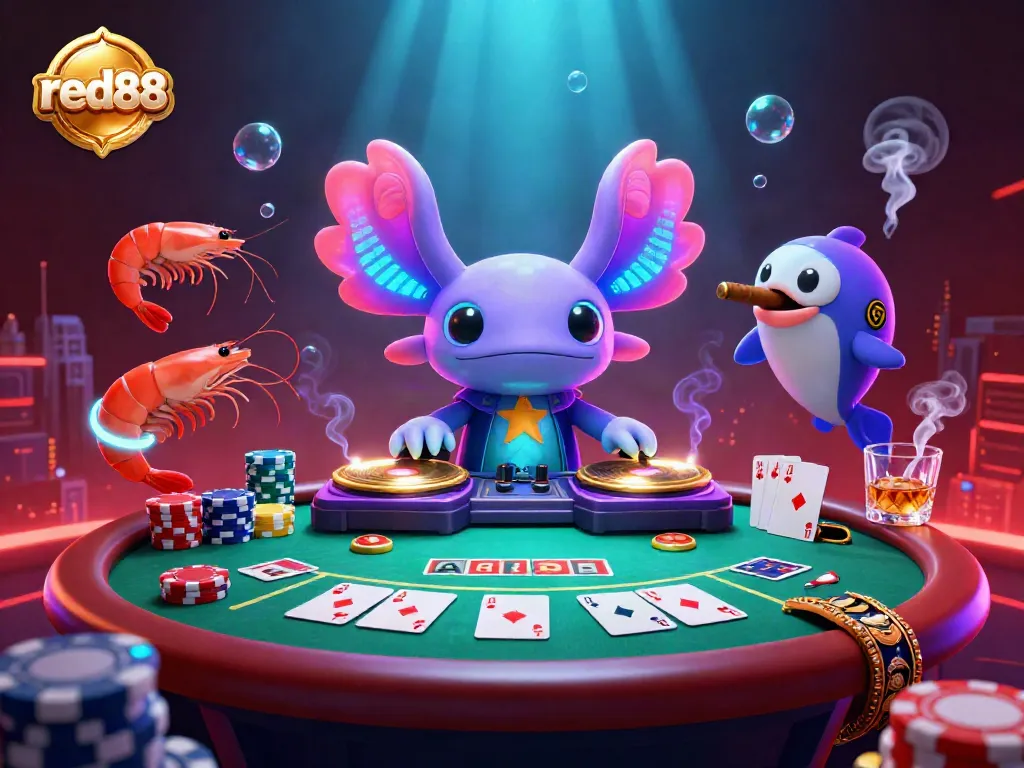 Engage in thrilling gameplay action at red88 with an energetic 3D illustration of casino characters and vibrant game elements.