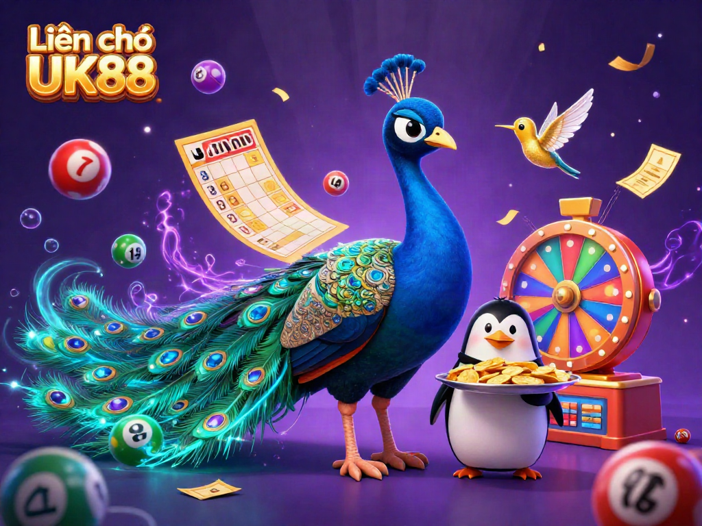 Liên hệ UK88 with a vibrant peacock, butler penguin, and hummingbird amidst lottery elements in a captivating casino scene.