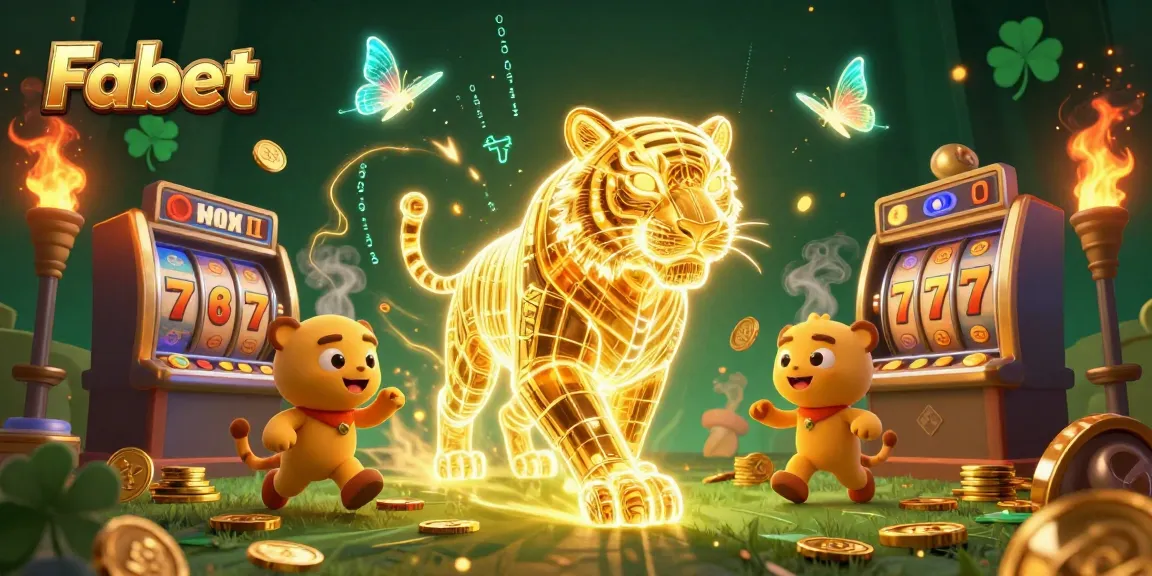 Engage in exciting gameplay at Fabet with dynamic 3D illustration of a golden tiger in a vibrant casino.
