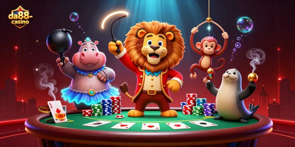 Players enjoying da88-casino with vibrant characters and dynamic gameplay elements in a lively casino illustration.