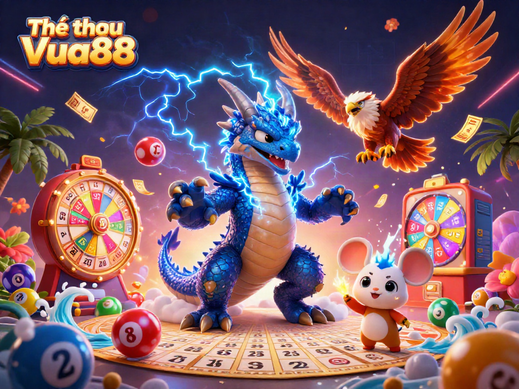 Engage with Thể thao Vua88, featuring a thunder dragon and dynamic game elements in a vibrant casino illustration.