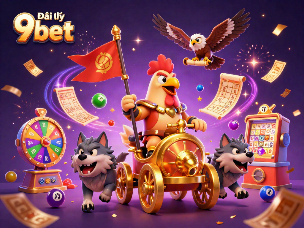 Experience the action of Đại lý 9bet with a vibrant 3D digital celebration featuring dynamic gambling elements.