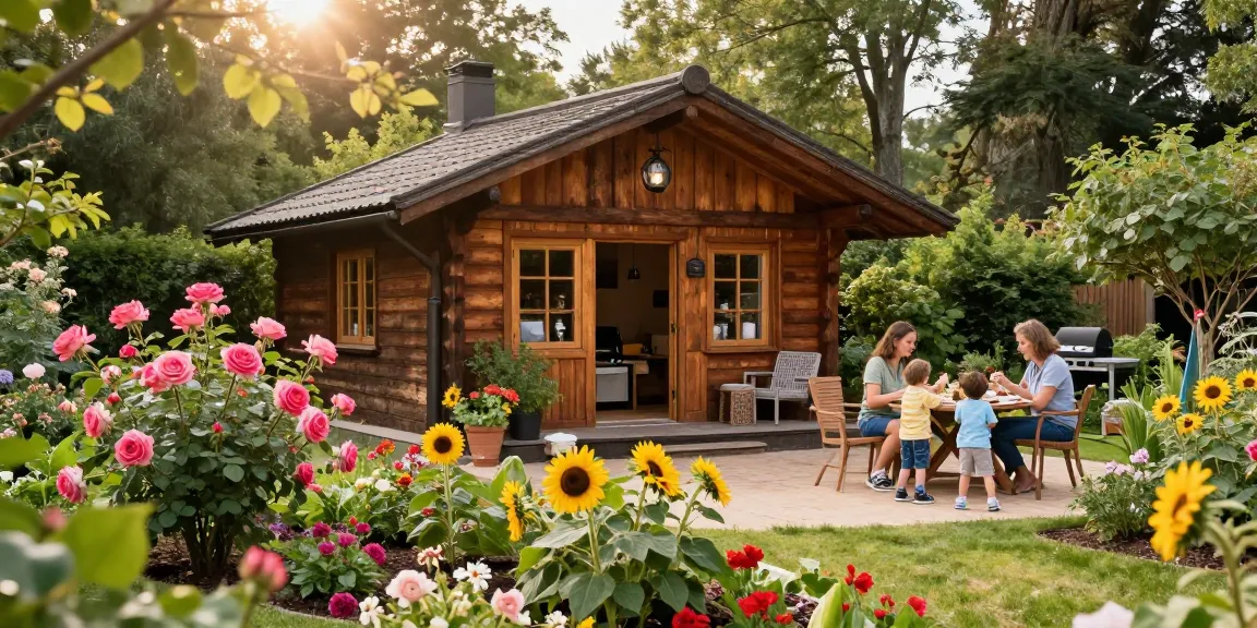 Wunderschönes Garten Haus umgeben von blühenden Pflanzen und einer einladenden Atmosphäre.