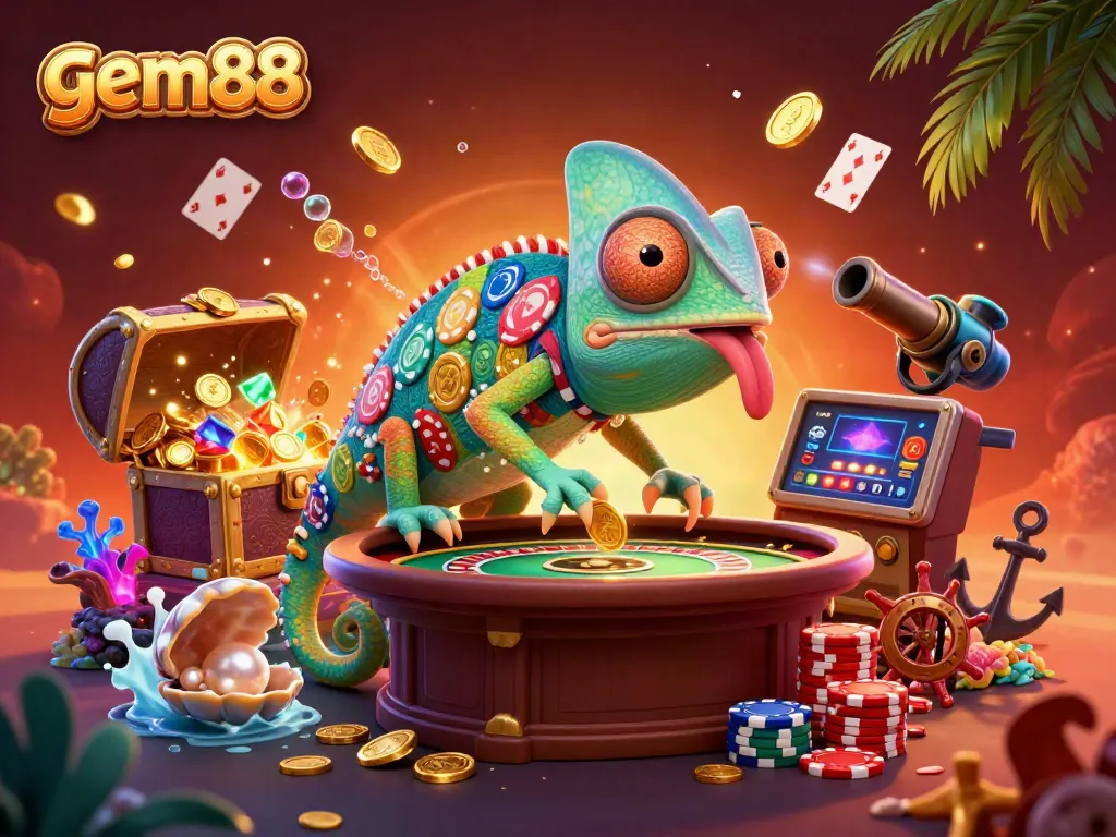 Engage with gem88's vibrant chameleon casino owner and underwater treasures in this colorful illustration.