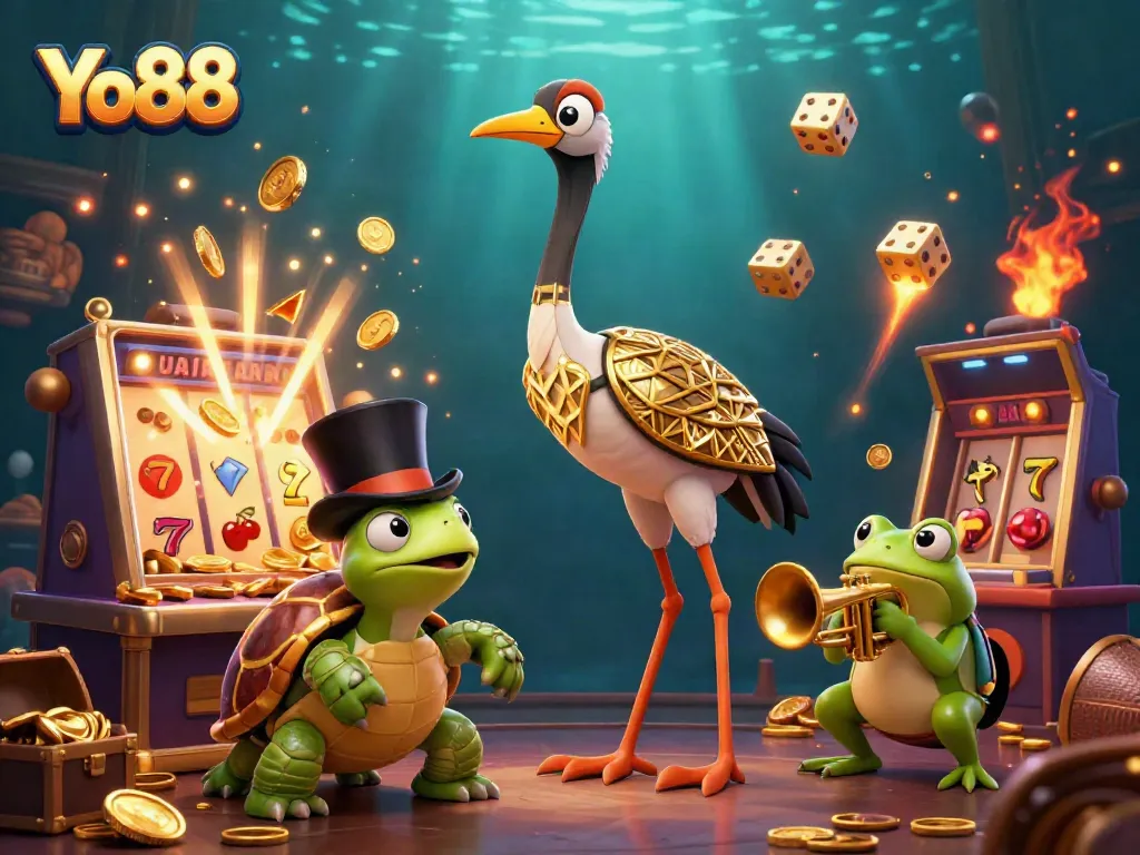 Yo88's vibrant scene showcases a 3D crane, turtle, and frog celebrating with slot machine jackpots and coins.
