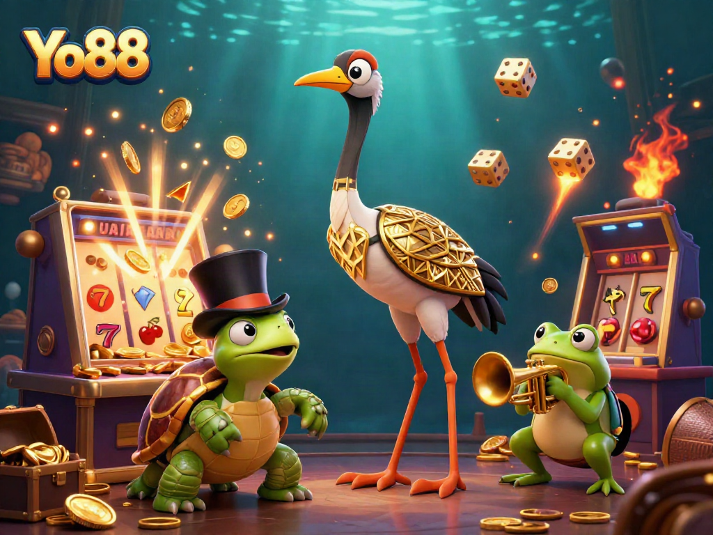 Yo88's vibrant scene showcases a 3D crane, turtle, and frog celebrating with slot machine jackpots and coins.