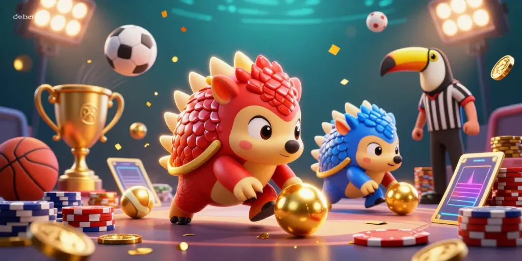 Experience the competitive spirit of debet with playful pangolins in an animated action-packed gambling scene surrounded by vibrant sports elements.
