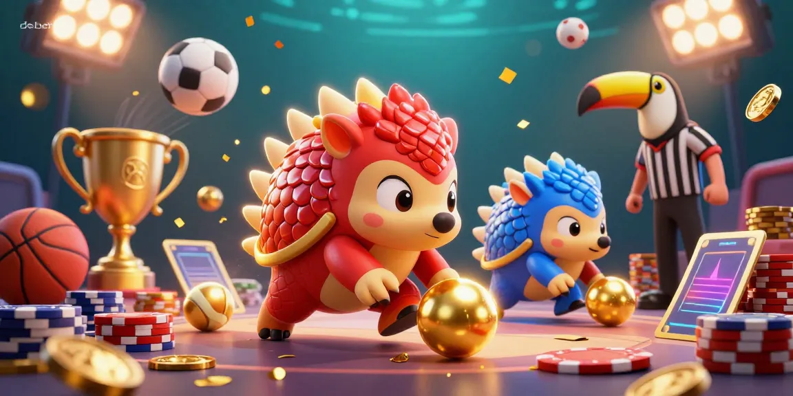Experience the competitive spirit of debet with playful pangolins in an animated action-packed gambling scene surrounded by vibrant sports elements.
