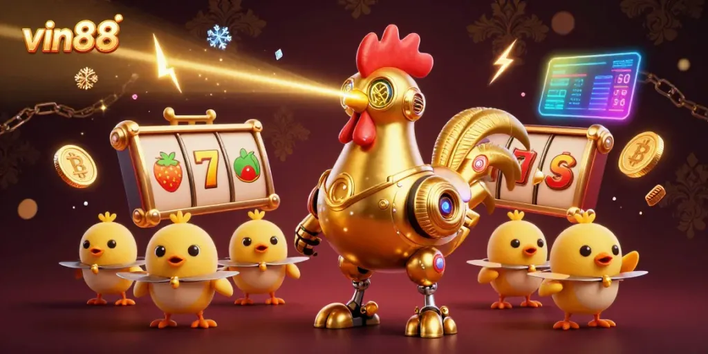 Engage in thrilling gameplay with vin88's ultra-detailed 3D illustration of a golden rooster robot and slot elements.