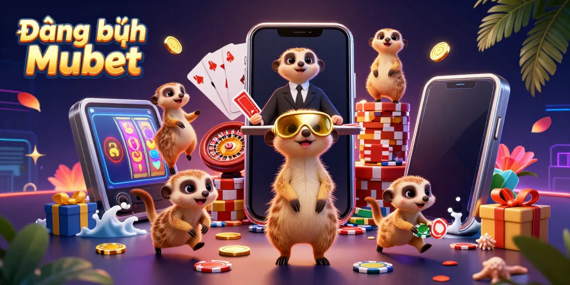Experience Đăng ký Mubet with vibrant meerkats running a casino, golden coins and slot games.