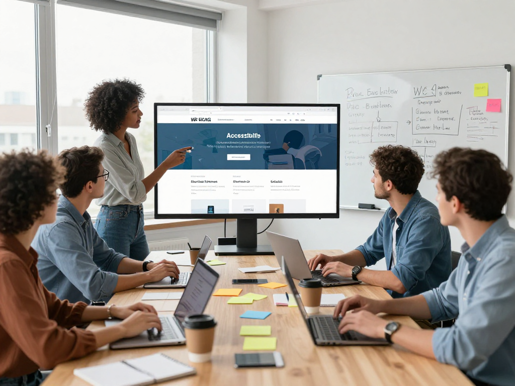 Professionelles Team arbeitet an barrierefreien und rechtssicheren Webseiten Dienstleistungen in modernem Büro.