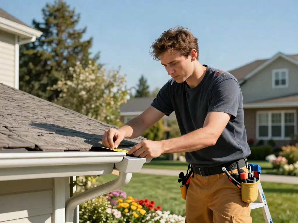 Spokane gutter installation with a professional installer measuring and cutting seamless gutters on a sunny day.