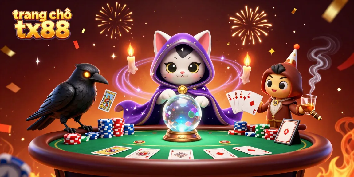 Engage with the dynamic scene of trang chủ tx88 featuring a fortune teller cat, raven, and casino elements for thrilling action.