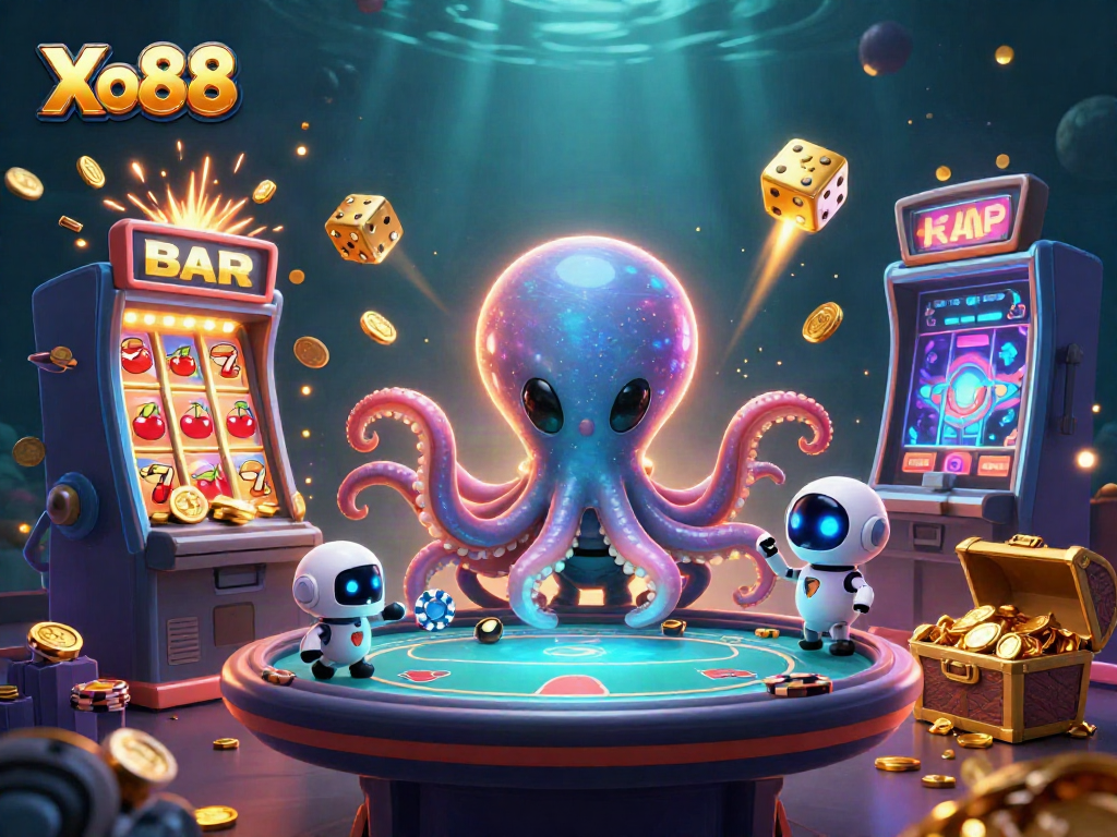 Experience thrilling gameplay at Xo88 with an alien octopus and robot in a vibrant casino scene.