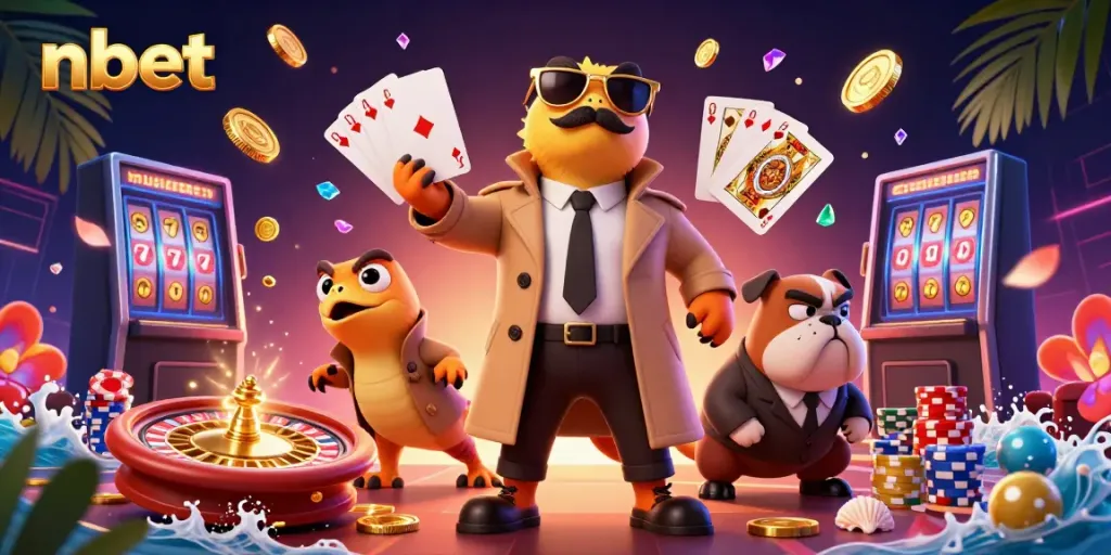 Experience nbet's animated casino fun with raptors in a trench coat and a suspicious bouncer.