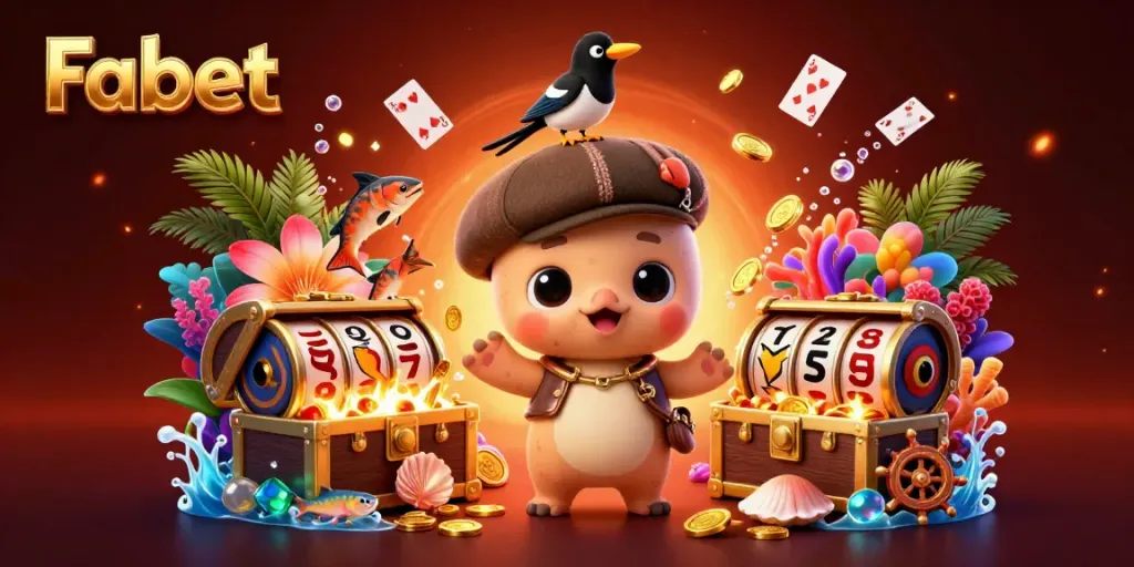 Fabet showcases a vibrant 3D casino scene featuring a playful Nessie, a magpie, and playful underwater elements amidst floating casino symbols.