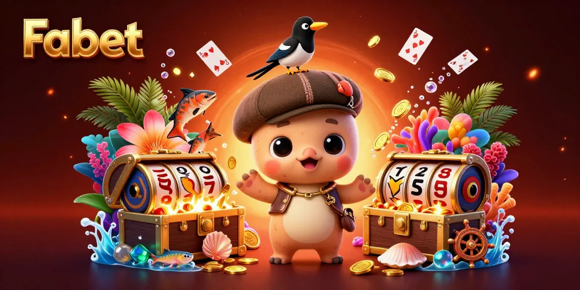 Fabet showcases a vibrant 3D casino scene featuring a playful Nessie, a magpie, and playful underwater elements amidst floating casino symbols.