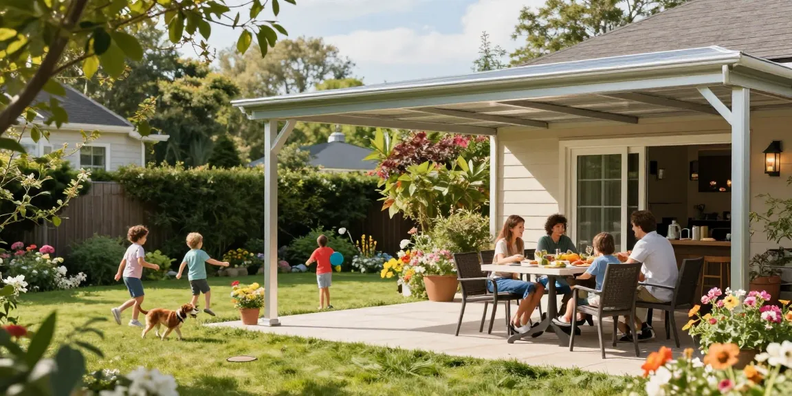 Moderne Terrassenüberdachung aus Aluminium schafft einladenden Außenbereich für Familie und Freunde.
