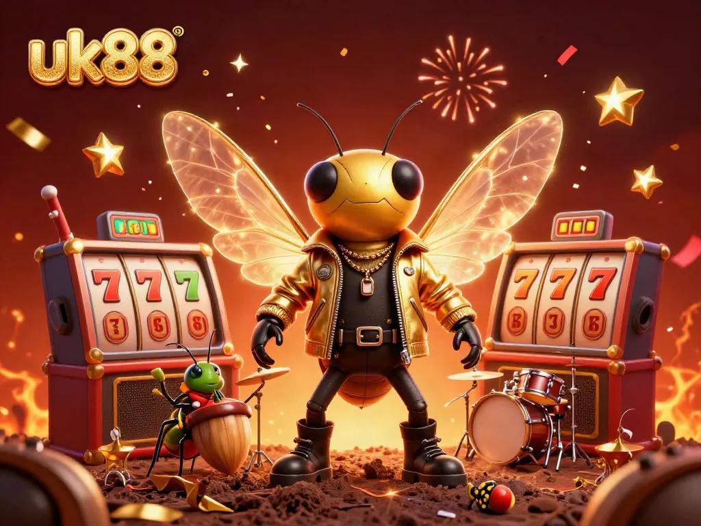 Experience thrilling casino excitement with the vibrant uk88 rock star and lively characters in a 3D celebration scene.