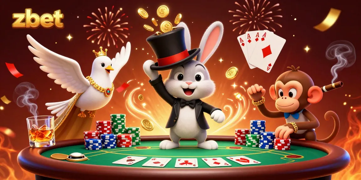 Experience the magic at zbet with a stunning illustration showcasing a magician rabbit, dove, and monkey amidst poker elements.