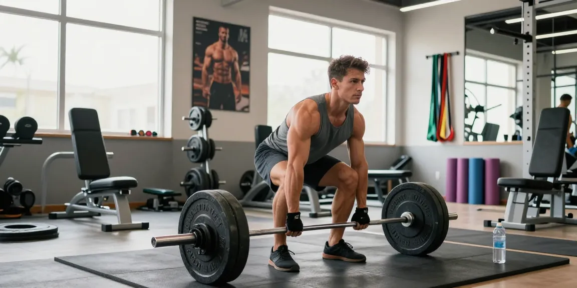 Steroidshop: Bodybuilder im Fitnessstudio beim Deadlift mit schwerem Gewicht, motivierende Umgebung.