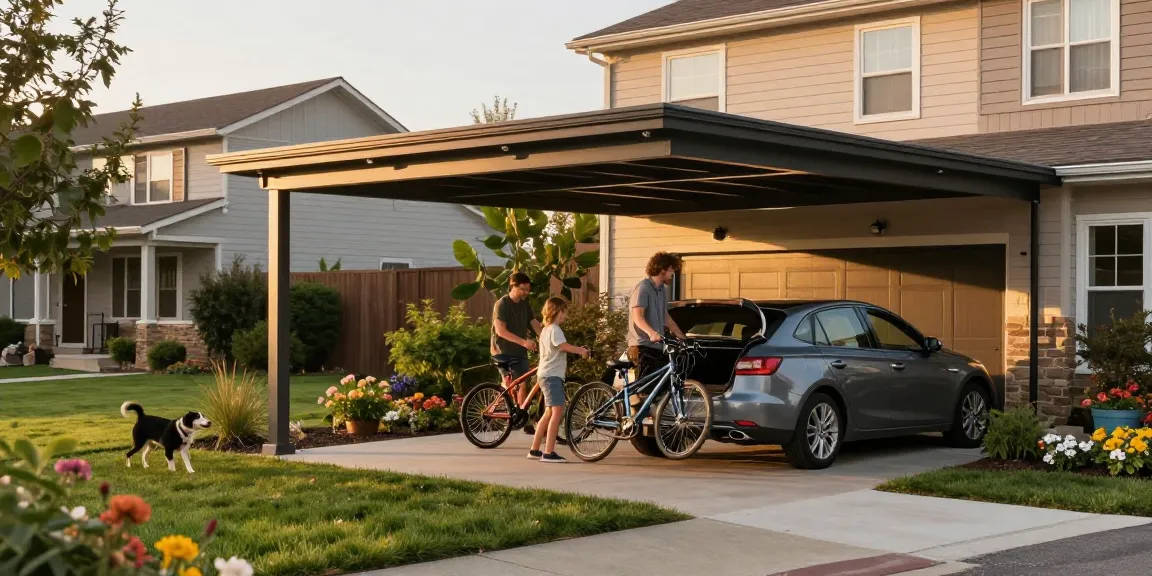 Carport im modernen Stil mit Familie und Fahrrädern im Garten.