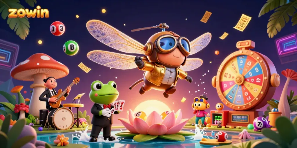 Zowin brings excitement to life as a dragonfly pilot hovers over a lily pad casino with vibrant game elements.
