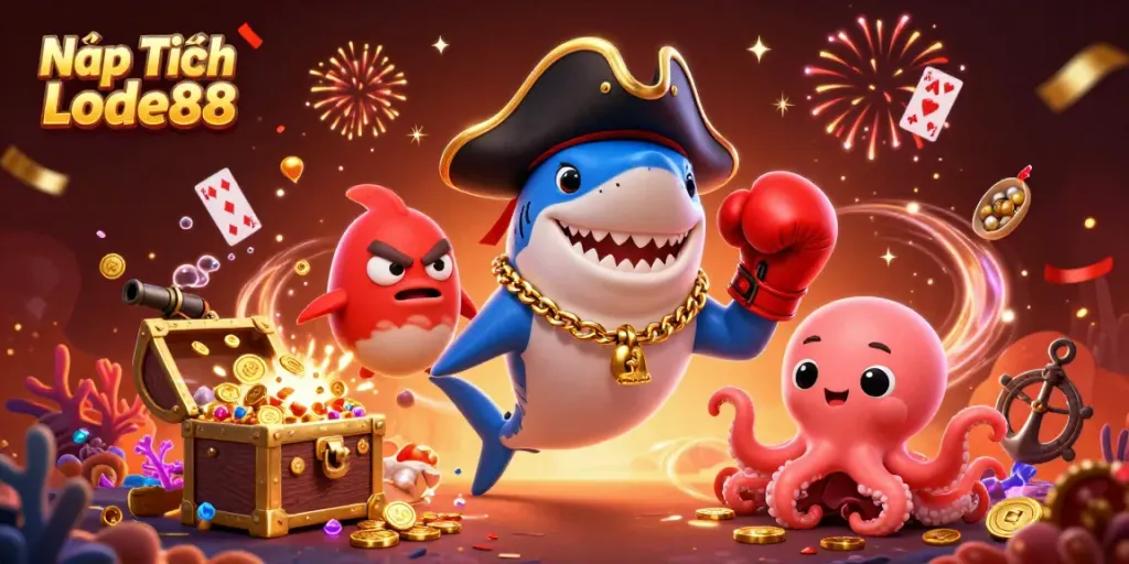 Engage with Nạp Tiền Lode88 in a vibrant underwater casino scene full of treasure and excitement.