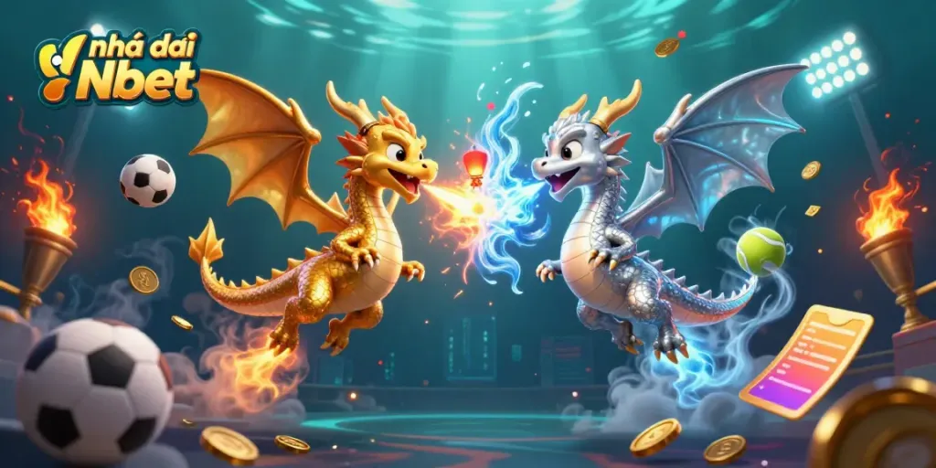 Engage with Nhà cái Nbet - a vibrant 3D dragon scene featuring sports elements, showcasing the excitement of online gambling.