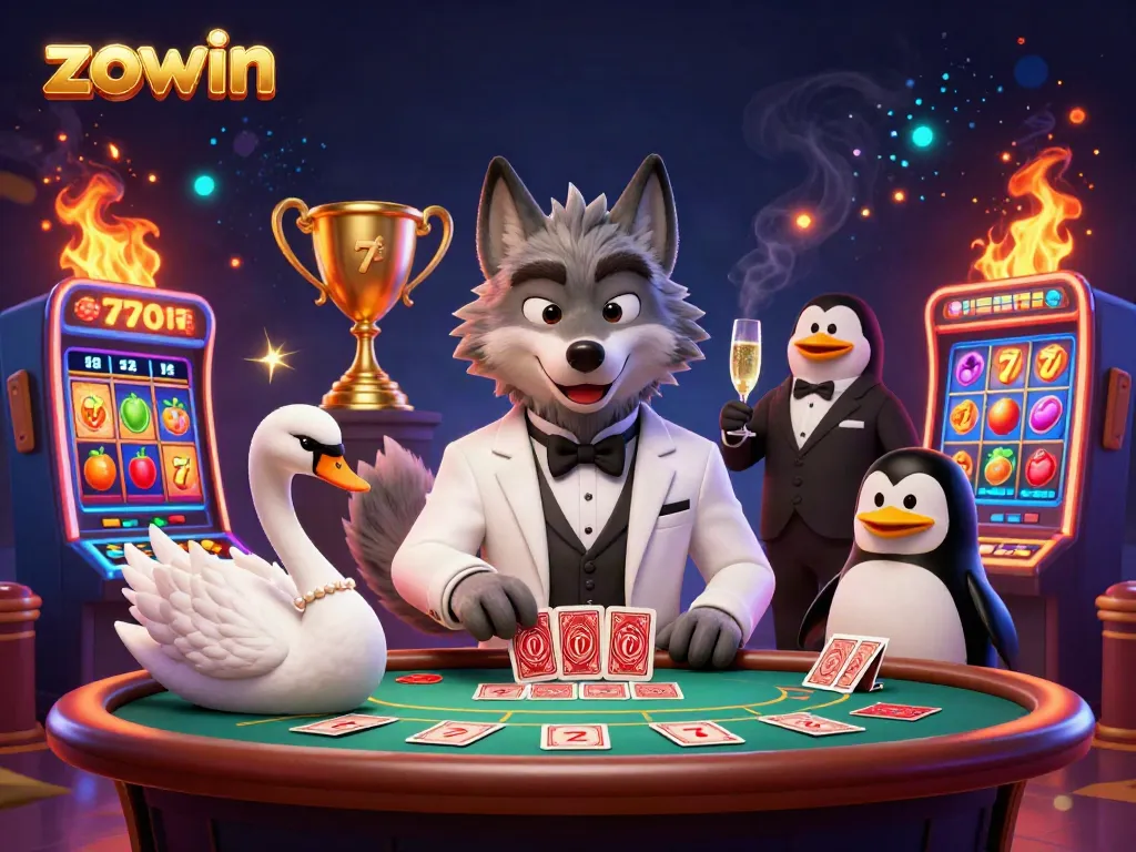 Zowin presents a lively 3D scene with a debonair wolf, elegant swan, and penguin sommelier at a baccarat table, showcasing vibrant slot games.