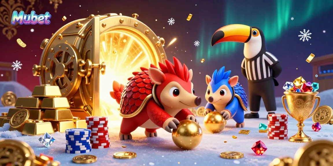 Mubet pangolins competing in a casino-themed illustration, showcasing vibrant colors and game elements.