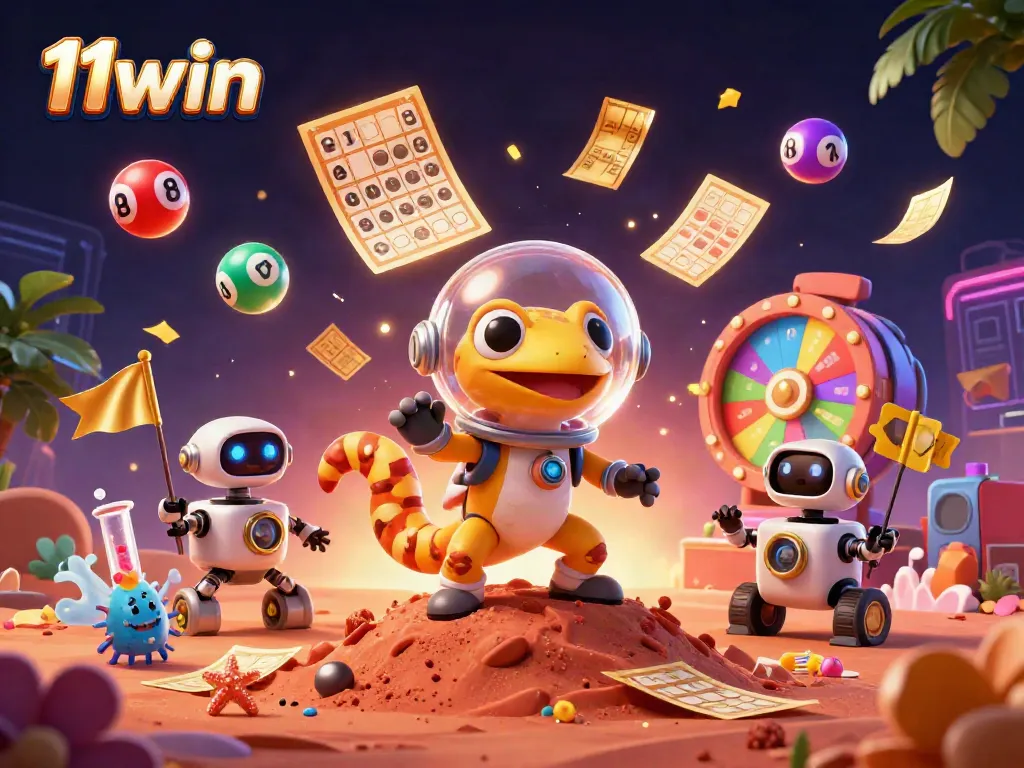 Experience the excitement of 11win with a cartoon gecko in a cosmic casino adventure.