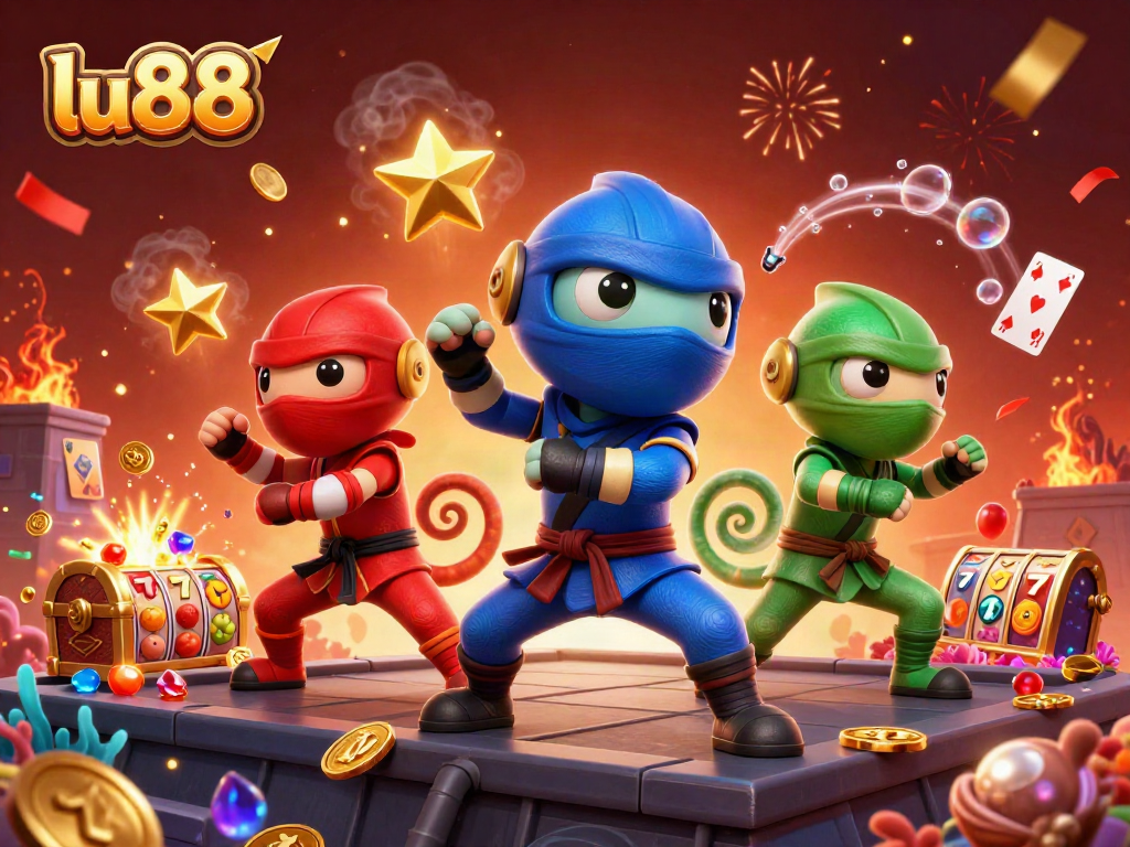 Experience the excitement of lu88 with colorful ninja chameleons showcasing casino-themed symbols in a dynamic scene.