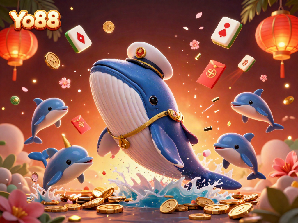 Experience exciting gameplay at Yo88 with a 3D scene of a whale and narwhal surrounded by casino elements.