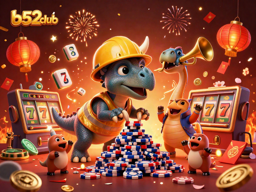 Join the excitement at b52club with a vibrant 3D scene of a cheerful dinosaur-themed casino celebration.