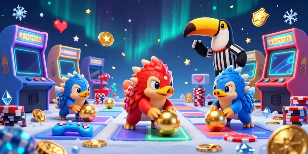 Join the excitement at Sunwin with rival pangolins bowling through poker chips in a vibrant online casino scene.