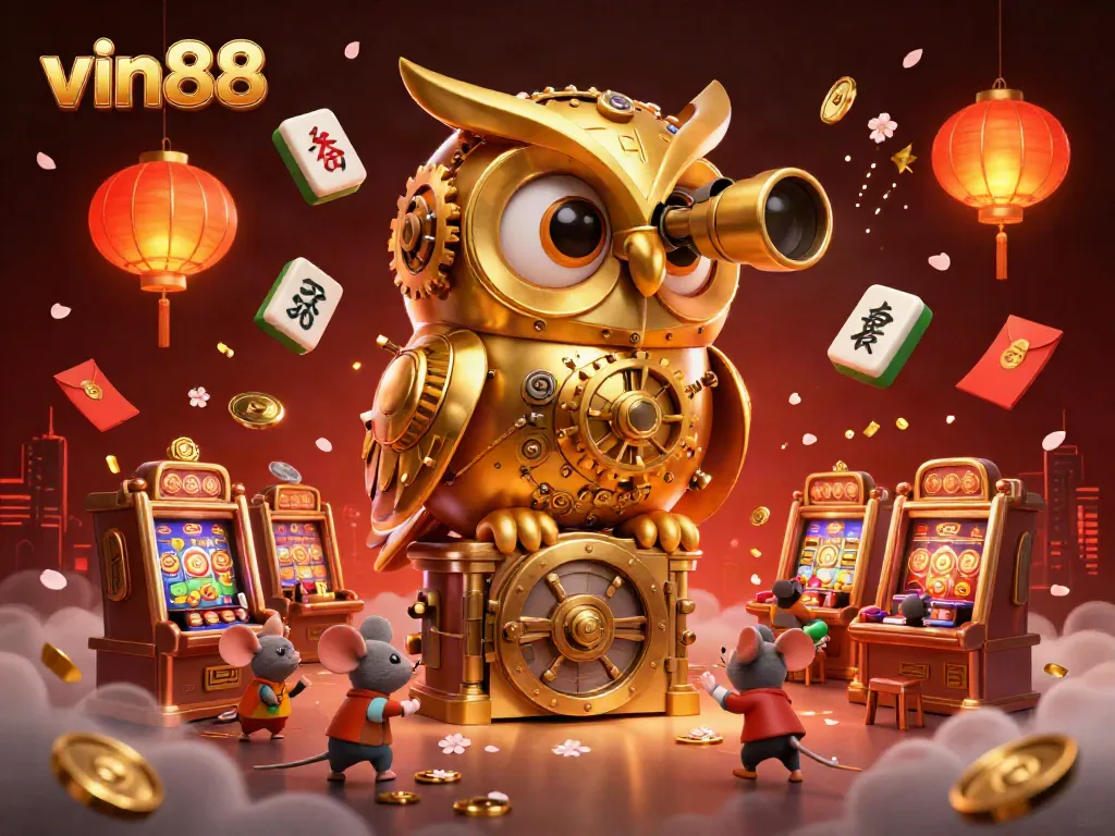 Experience vibrant casino action with vin88's golden owl and lucky charms in a dynamic 3D scene.