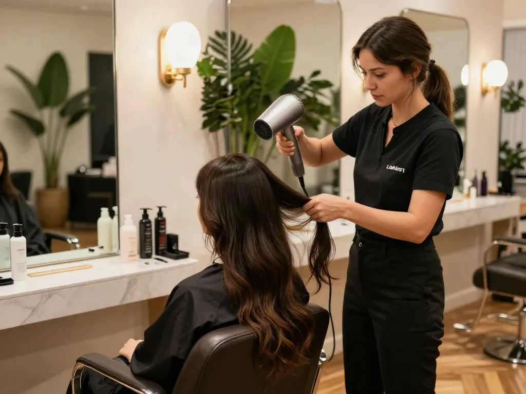 Profi Haartrockner im Einsatz in einem eleganten Friseursalon mit stilvollem Ambiente.